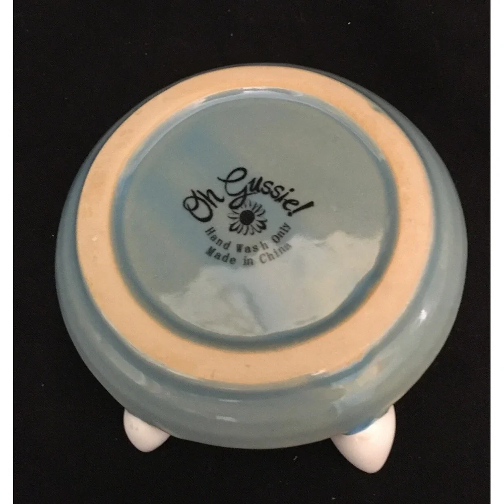 Oh Gussie! Aqua Stoneware Round Trinket Dish with White Birds